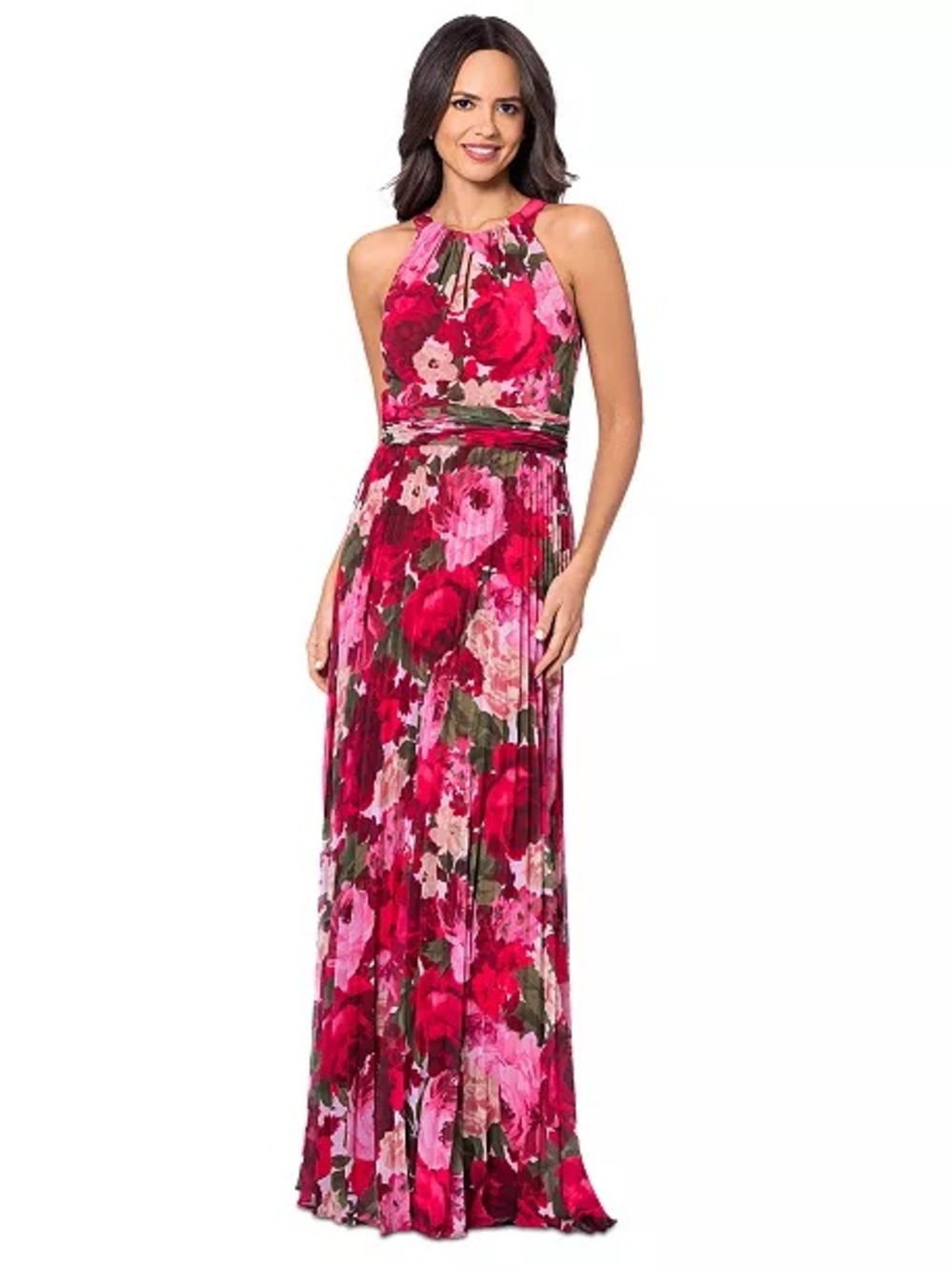 Xscape Pink and Red Floral Halter Maxi Dress